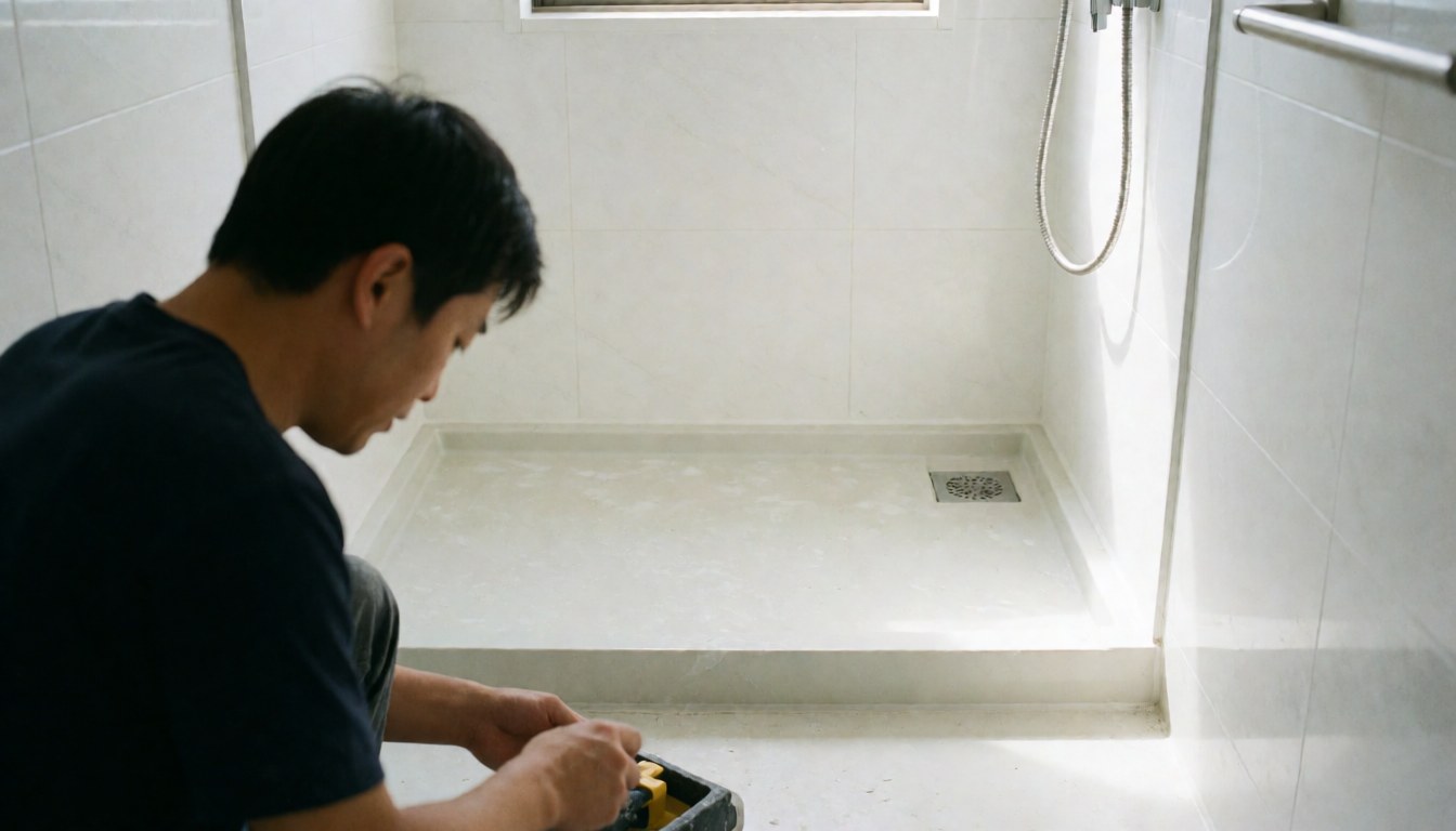 Installer adjusting an acrylic shower unit in a modern bathroom with white walls and natural light