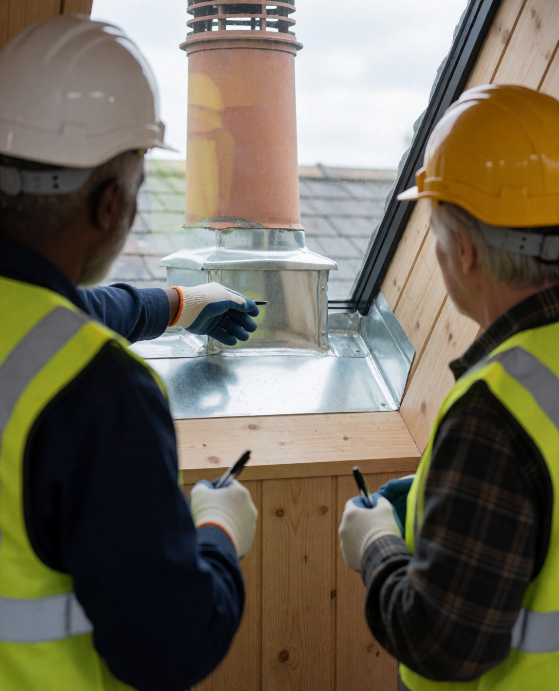 Two technicians in safety gear inspecting a sealed chimney on a wooden roof, demonstrating roof repair service in action.
