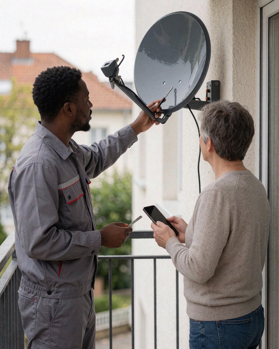 Technician installs satellite antenna on a residential balcony, holding tools and a mobile phone, demonstrating professional service in action.