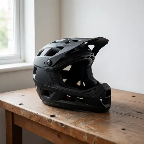 Black mountain bike helmet resting on a rustic wooden table with natural window light, suitable for cycling equipment product display