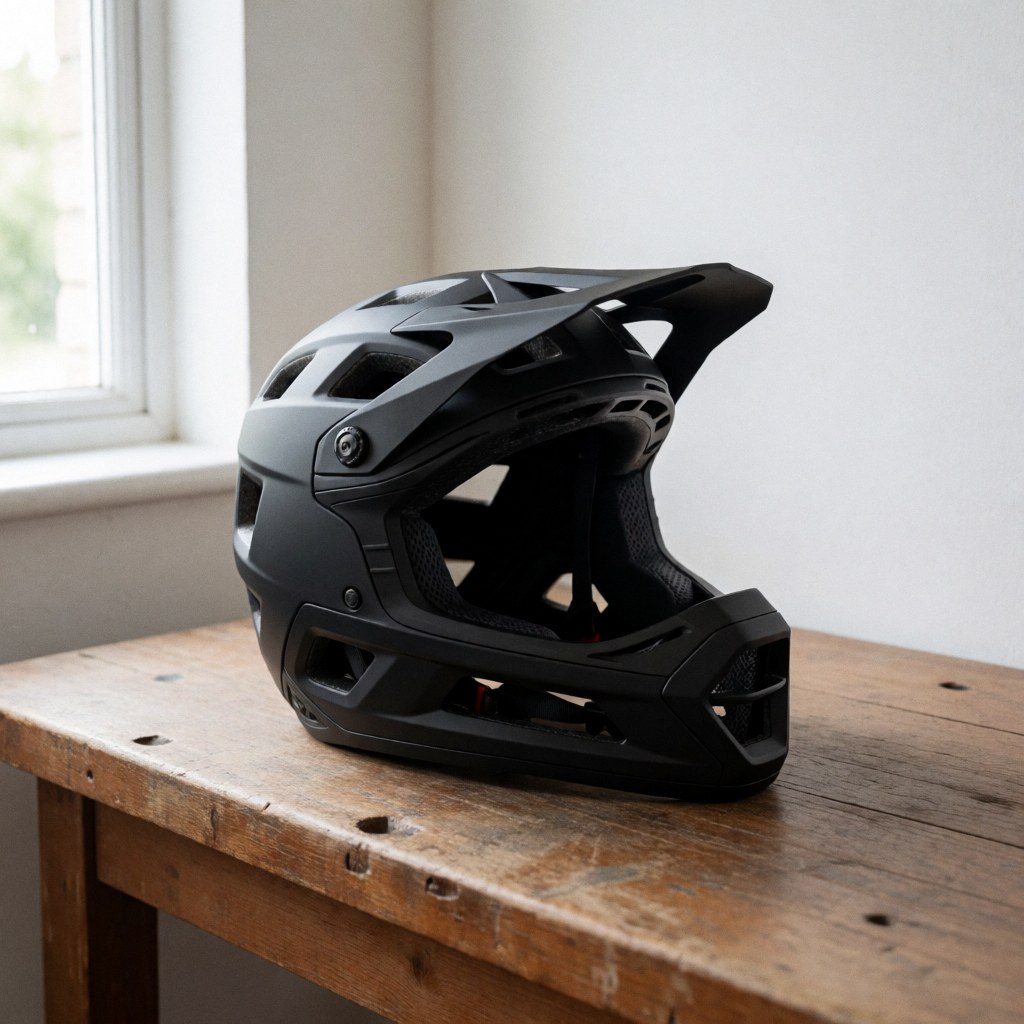 Black mountain bike helmet resting on a rustic wooden table with natural window light, suitable for cycling equipment product display