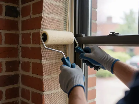 Gloved hands using a spline roller to install fiberglass mesh into a window frame against a red brick wall.