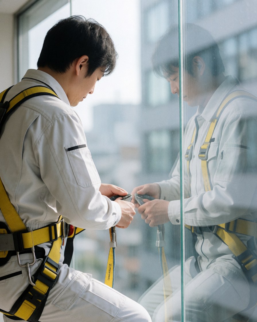 Worker in white uniform and yellow harness adjusting safety rope on clean glass wall with visible reflections in an urban setting