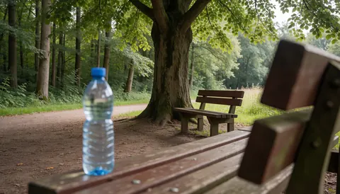 Water bottle on wooden bench under tree in park: hero image for adventure parks websites