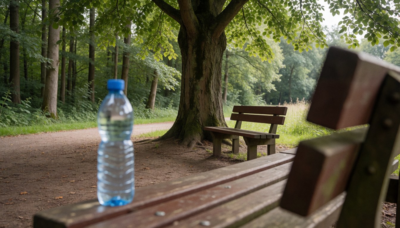Water bottle on wooden bench under tree in park: hero image for adventure parks websites