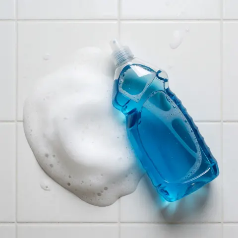 Blue car wash bottle with white foam on white tiles, ideal for car wash business