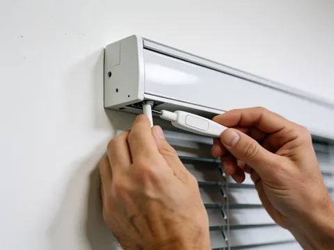 Close-up of hands attaching a white remote control to the tape of a white window blind against a white wall