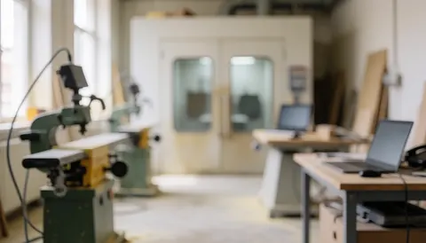 Welding workshop background featuring drilling machine, paint booth, and work tables under natural light.