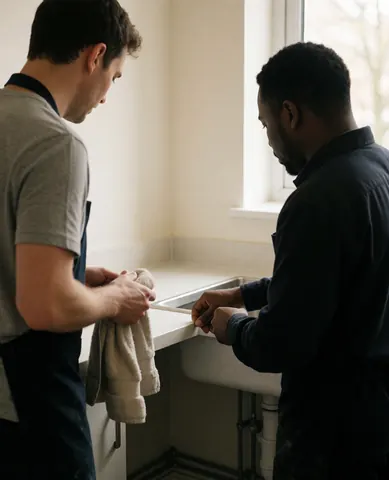 Professional installer checking the sink edge with a client nearby, showing plumbing and a clean countertop in natural light.
