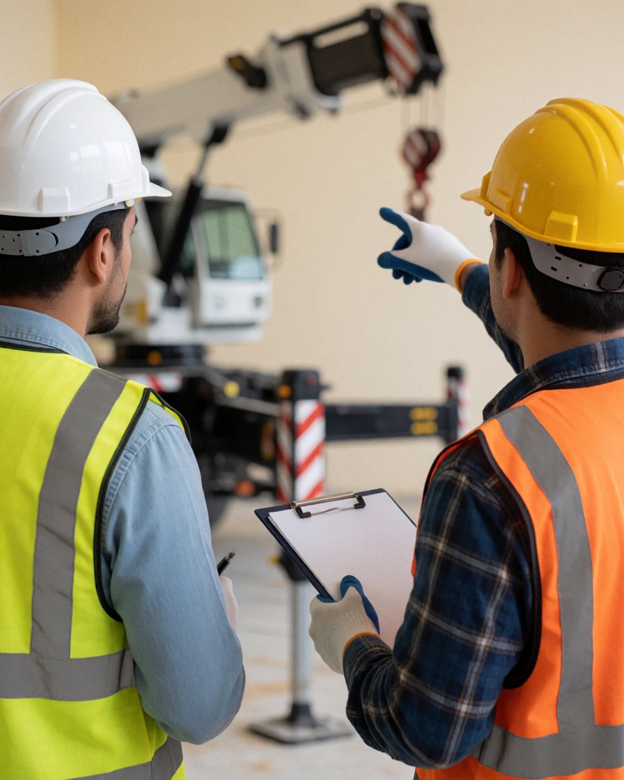 Two workers in hard hats and vests review a lifting plan with a crane at a construction site