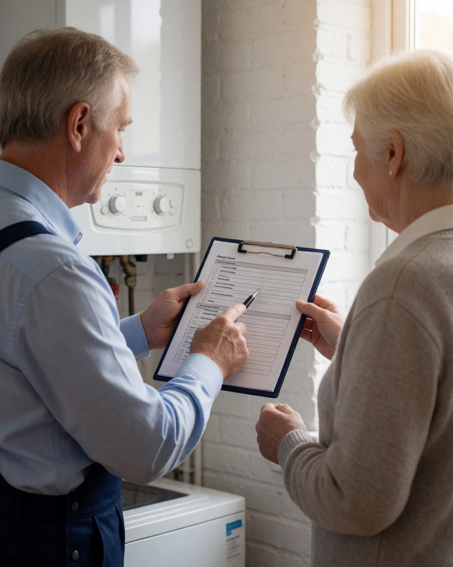 Technician and client reviewing a checklist near a white boiler against a white brick wall with natural light