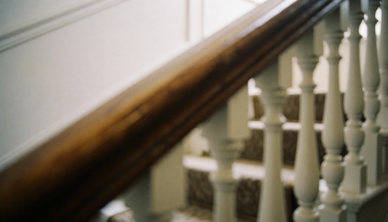 Close-up of a polished wood handrail with white balusters on a staircase, suitable for furniture restoration text backgrounds