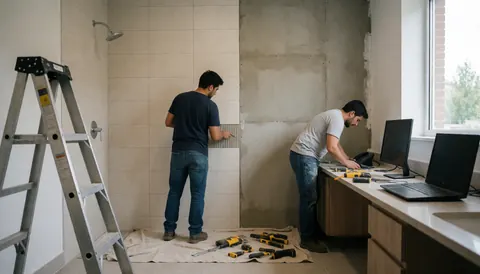 Two workers installing tiles on a bathroom wall, showing a finished section and a cement base with tools and a ladder on the floor