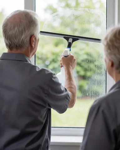 A professional cleaner uses a squeegee and spray to clean a transparent window while a client watches from the kitchen.