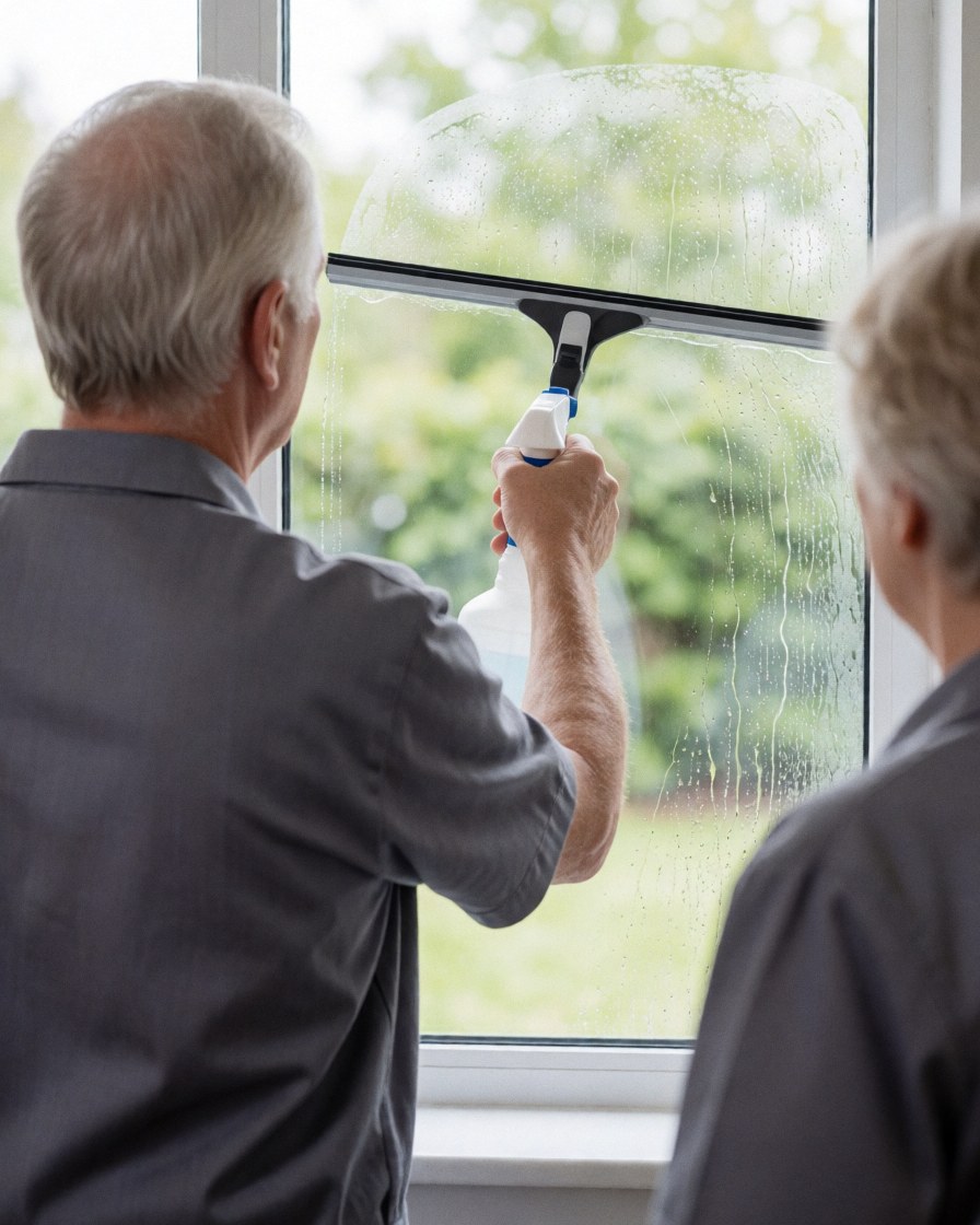 A professional cleaner uses a squeegee and spray to clean a transparent window while a client watches from the kitchen.