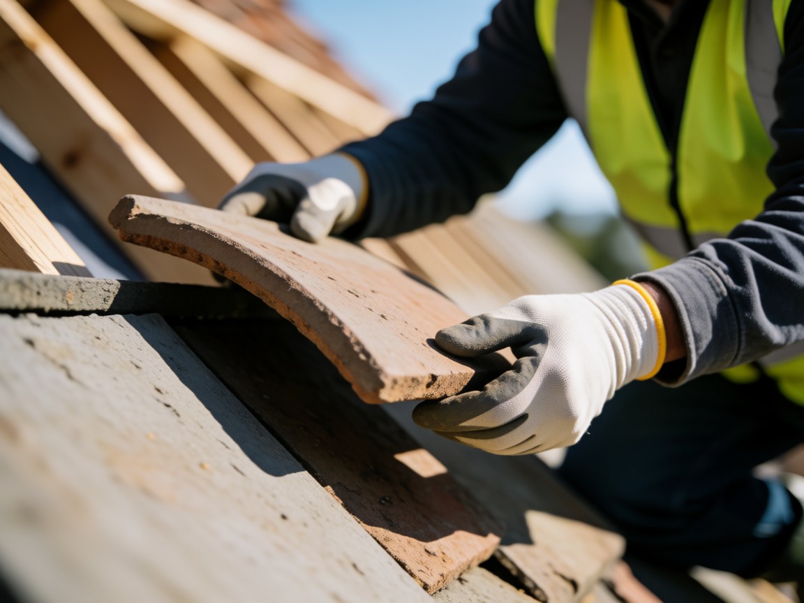 A gloved hand installs a curved clay tile on a wooden roof structure against a blue sky, illustrating professional roof repair services.
