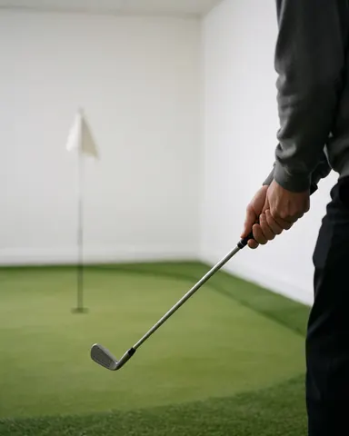 A golf instructor practicing wedge shots indoors on artificial turf with a flag visible in the hole