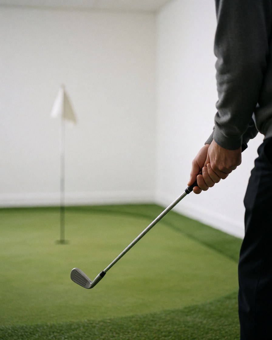 A golf instructor practicing wedge shots indoors on artificial turf with a flag visible in the hole