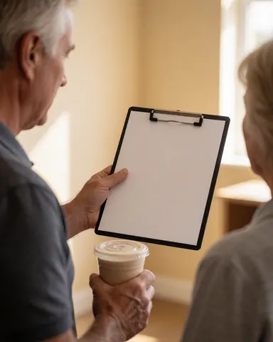 Fitness trainer holding a clipboard and protein drink while reviewing a workout plan with a client in a gym