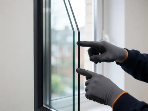 Close-up of a gloved hand indicating the seal and spacer bar on a double-pane glass window during repair work