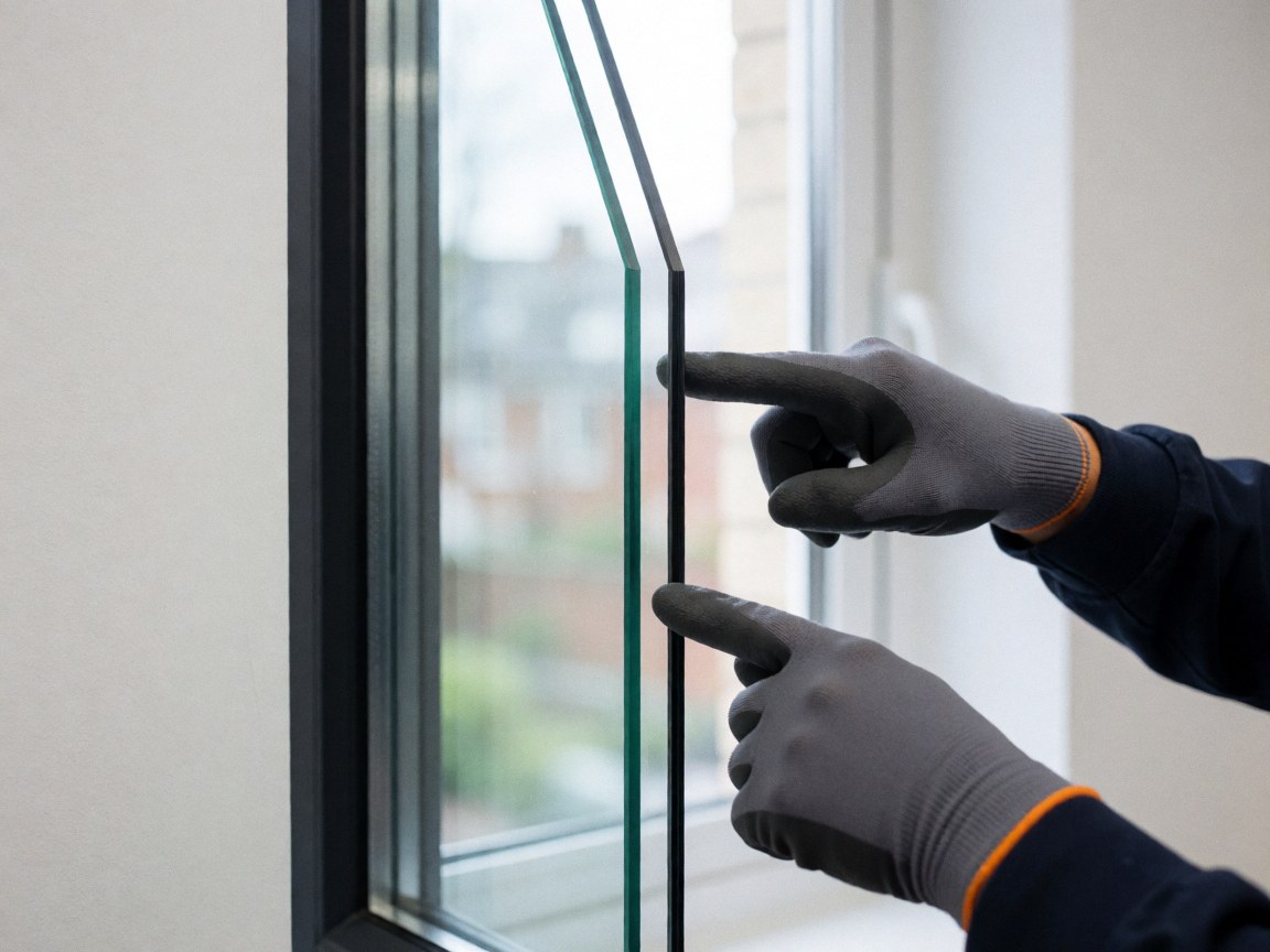 Close-up of a gloved hand indicating the seal and spacer bar on a double-pane glass window during repair work