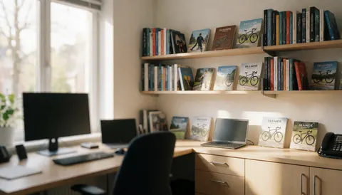 Desk with cycling books, laptop, and bicycle photos on a shelf in a bright corner.