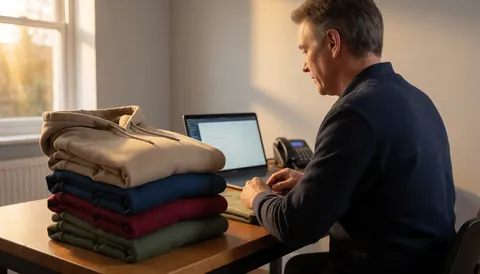 Colorful hoodies stacked on a wooden table with a person working on a laptop near warm window light in a clothing store setting