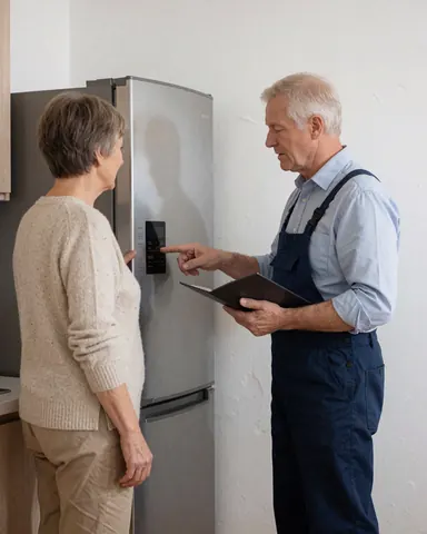 Technician in an apron explains the refrigerator control panel to a customer in a kitchen with white walls.