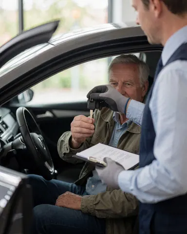 A locksmith hands a new key to a customer seated in a vehicle during a service call