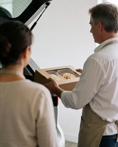A vendor in an apron hands a box of sweet bread to a customer loading it into their car trunk during a bread truck delivery scene