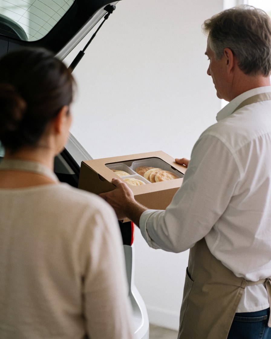 A vendor in an apron hands a box of sweet bread to a customer loading it into their car trunk during a bread truck delivery scene