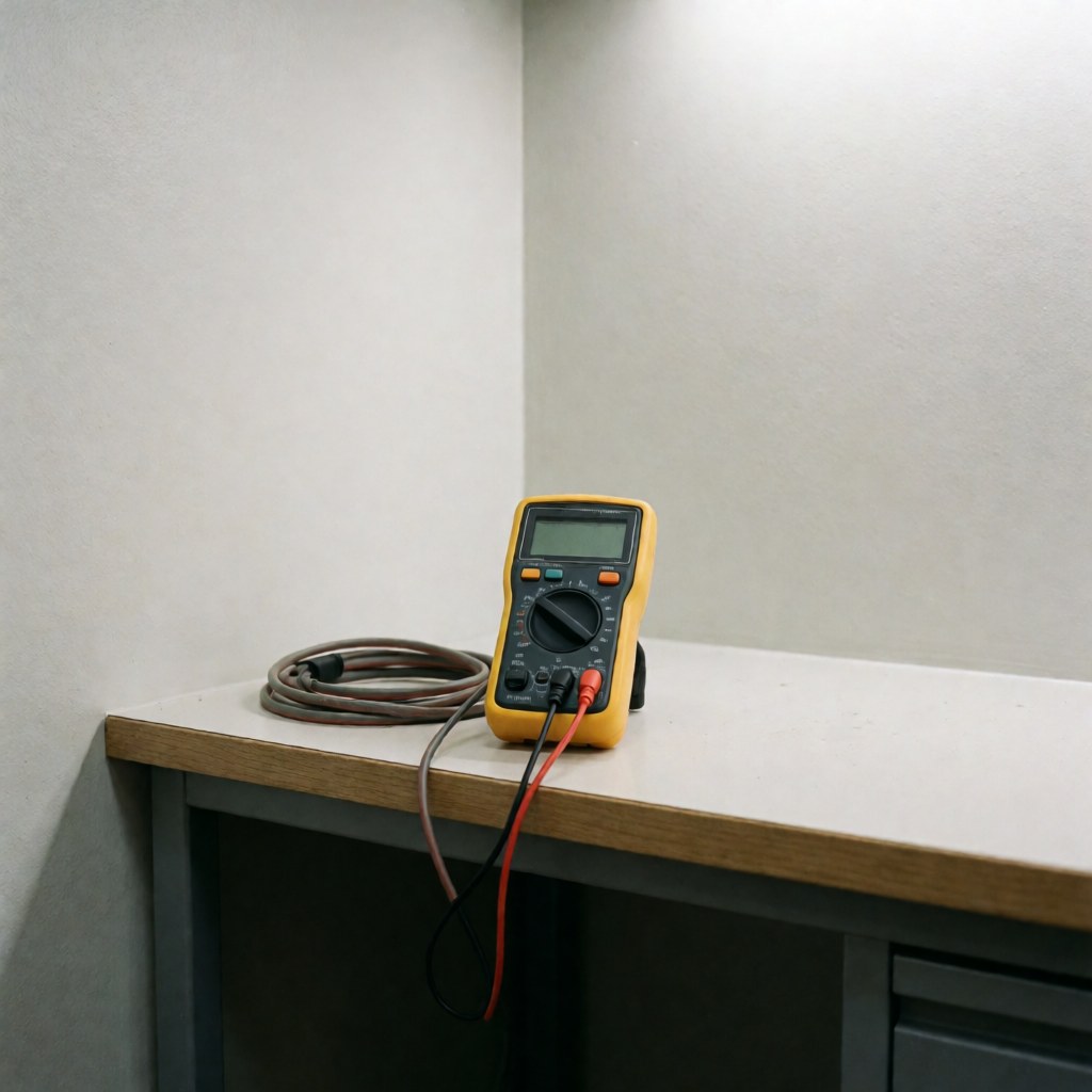 Digital multimeter with coiled cable on a workbench in a solar repair workshop with light gray walls