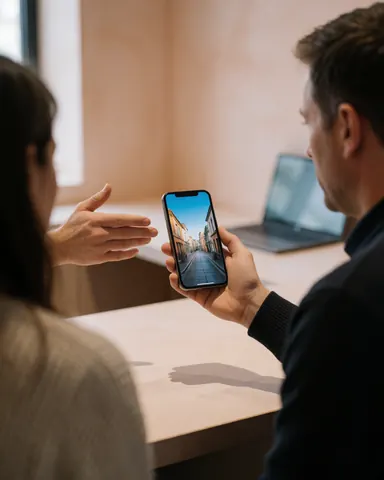 Customer holding a mobile phone displaying a photo during a repair service session.