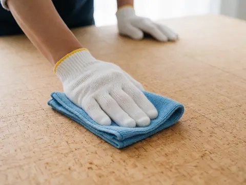 Close-up of a gloved hand wiping a textured cork floor with a blue cloth, highlighting the natural material details.