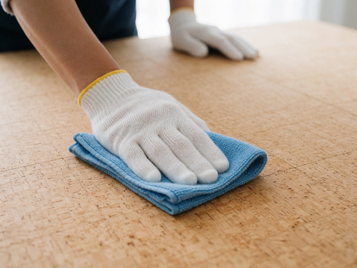 Close-up of a gloved hand wiping a textured cork floor with a blue cloth, highlighting the natural material details.