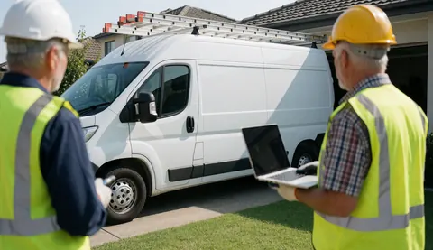 Two technicians in safety gear review a laptop in front of a white service truck with a roof ladder, ready for heating repair.