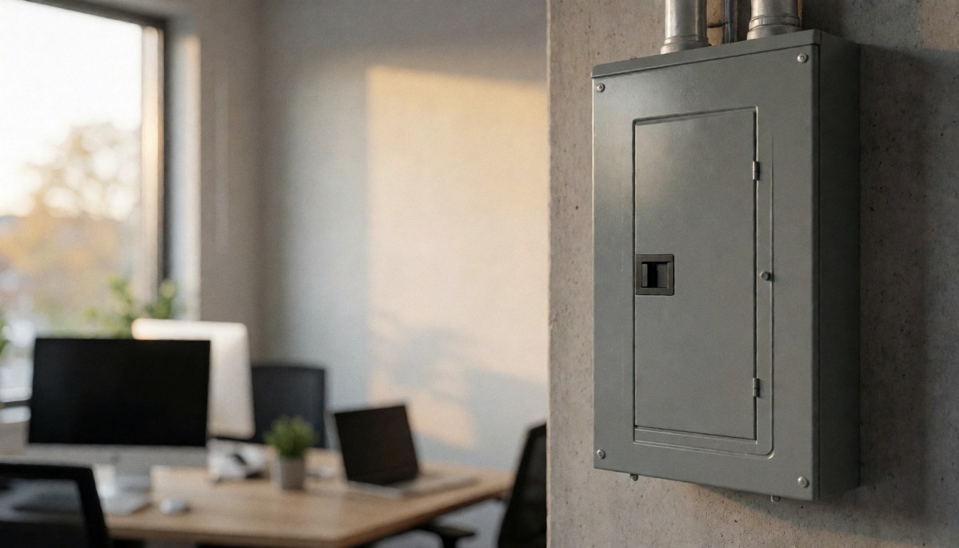 Closed metal electrical panel mounted on a concrete wall with warm window light, suitable for electrical service backgrounds