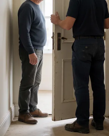 Door installer lifts an old door in a white hallway while a client watches the work.