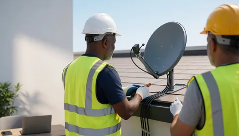 Two technicians wearing safety helmets and reflective vests secure a satellite antenna on a modern building roof under bright sunlight