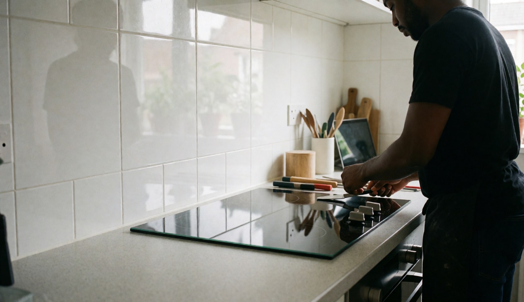 A technician installs a glass cooktop in a modern kitchen with white tiled walls and visible tools.