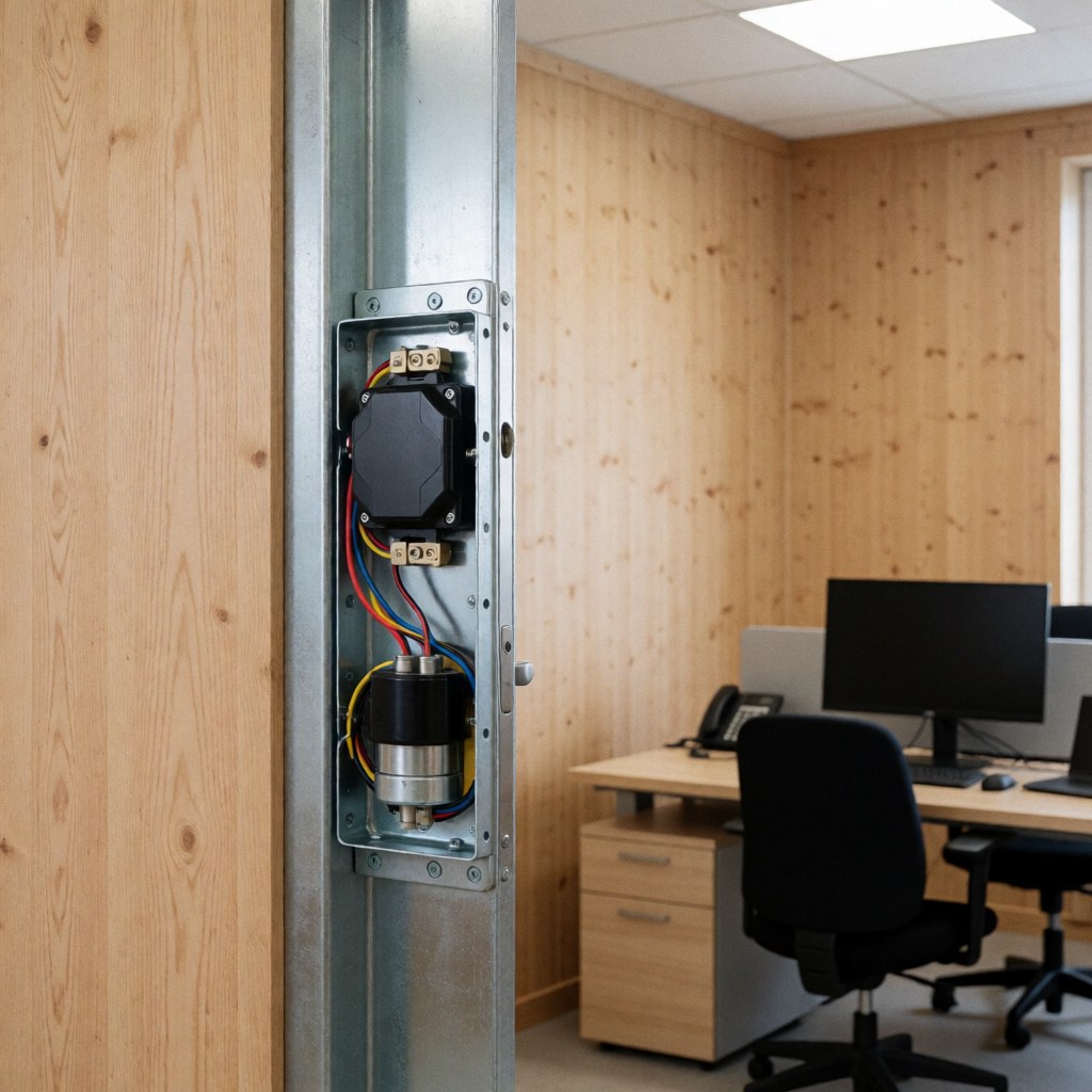 Close-up of an electric lock with solenoid and wires installed on a metal frame against a wooden wall, suitable for lock repair services.