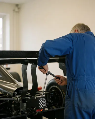 Mechanic in blue using a torque wrench to adjust the rear wing of a race car in a workshop with light walls