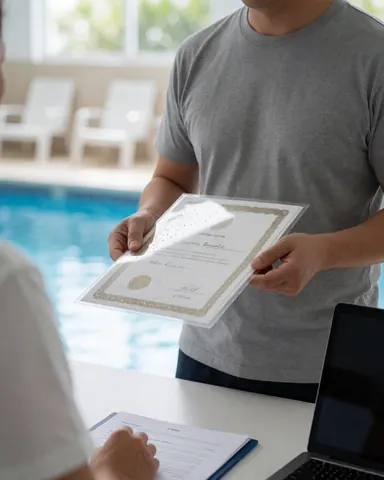 Swimming coach hands laminated certificate to a customer at an outdoor pool with white chairs and a laptop on a table