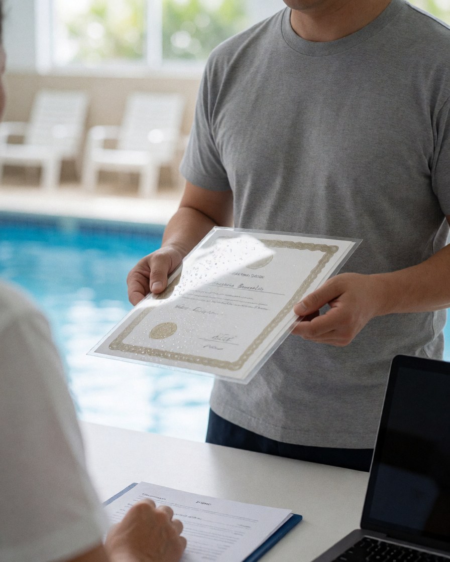 Swimming coach hands laminated certificate to a customer at an outdoor pool with white chairs and a laptop on a table