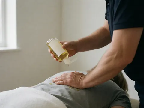 Close-up of a therapist's hand pouring massage oil onto a client's back during a professional therapy session.