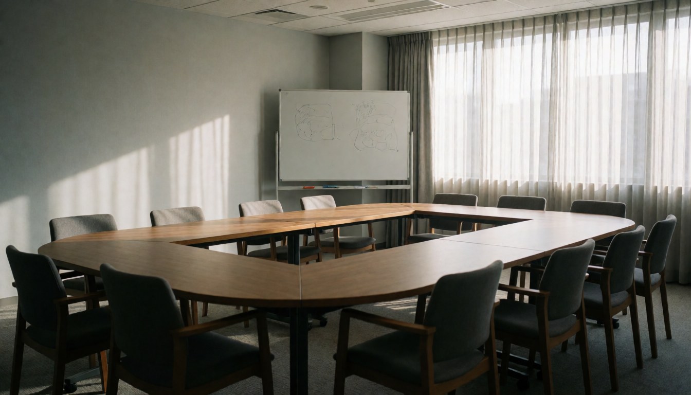 Modern conference room featuring a large wooden table, chairs arranged in a semicircle, a whiteboard, and natural light from curtained windows.