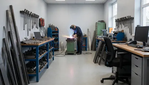 A welder wearing a helmet works in a metal workshop, creating sparks, with tools hanging and metal structures visible.
