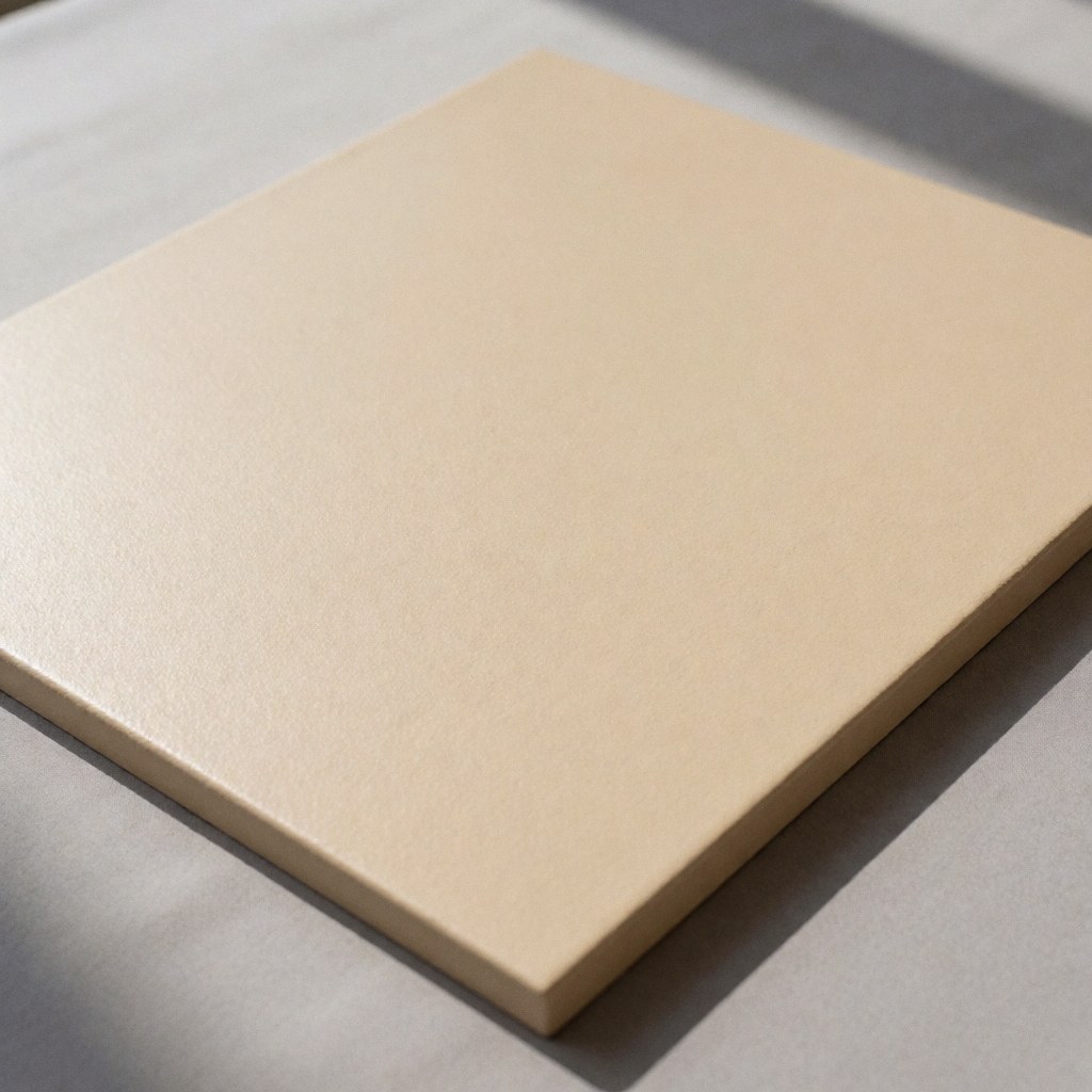 Close-up of a beige synthetic stucco panel featuring a uniform texture, displayed against a neutral gray background for modern exterior finishes.
