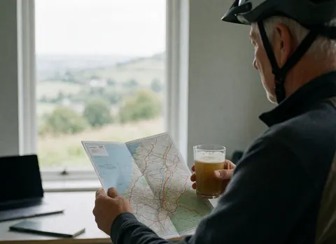A man wearing a bicycle helmet holds a map and a local beer while gazing at a valley view from a window.