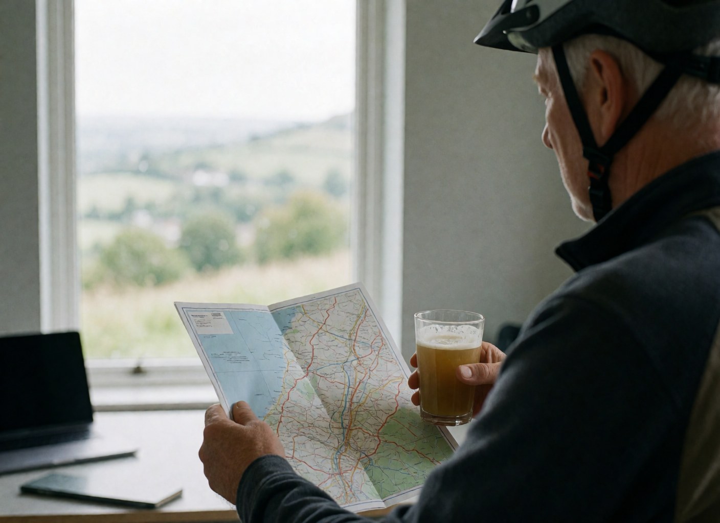 A man wearing a bicycle helmet holds a map and a local beer while gazing at a valley view from a window.